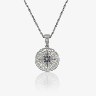 Iced Compass Pendant - White Gold - Frosted Fate